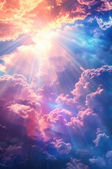 Poster - A sunny day with fluffy clouds and a bright sun shining through, perfect for outdoor scenes or weather related images