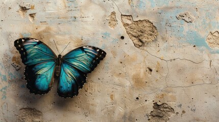 Poster - A blue butterfly perched on the top of a wall, with a simple background