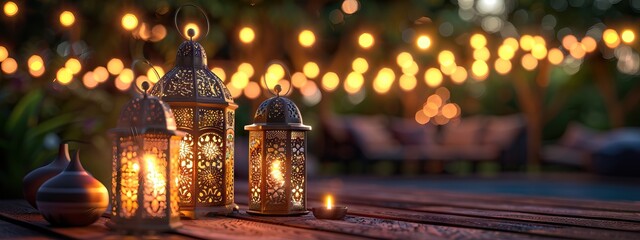 Wall Mural - Arabic lantern, burning candles, dates and misbaha on mirror surface against blurred lights. AI generated illustration