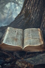 Poster - A person's belongings left beside a tree with an open book lying on the grass