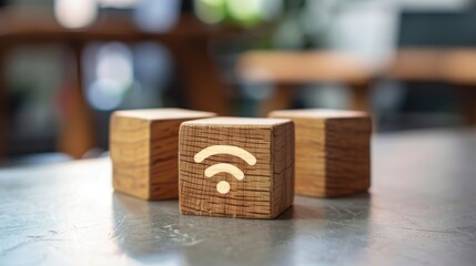 WiFi 7 symbol on wooden cubes on a white table with copy space for business and technology concept