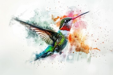 Poster - A hummingbird in mid-air with its wings spread wide, showing off its iridescent feathers