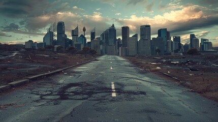Poster - Empty road with a city skyline in the background, suitable for use as a placeholder or to represent urban settings