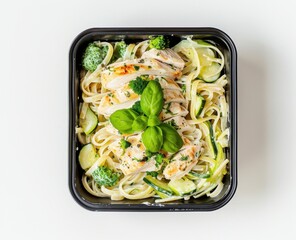 Wall Mural - Chicken Alfredo Pasta Meal Prep in a Black Container