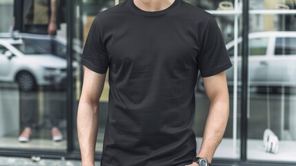 Poster - Young Model Shirt Mockup, man wearing black t-shirt in front of Department store display window, Shirt Mockup Template on hipster adult for design print, Male guy wearing casual t-shirt