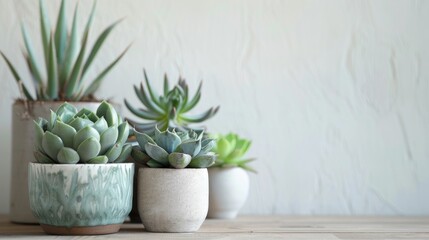 Wall Mural - Assortment of potted succulents indoors with empty space