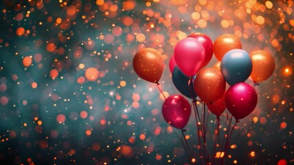 Poster - A cluster of colorful balloons, including red, gold, and blue, with blurred lights in the background.