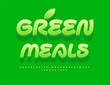 © Popskraft - Vector healthy signboard Green Meals. Creative Green Font. Modern 3D Alphabet Letters and Numbers set.