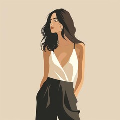 Chic vector image of a woman wearing a classic and timeless outfit, designed with minimalist lines for a clean look