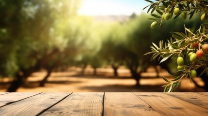 Wall Mural - Olive branch with green olives on wooden surface. Olive was placed on table with blurring background. Mediterranean cuisine and organic farming concept for design and print, with copy space. AIG35.