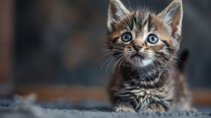 Curious kitten with striped fur gazing into the camera