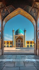 Wall Mural - View of the Isfahan Iran mosque from the open ancient wooden doors in Bukhara, Uzbekistan. Sunny day. AI generated illustration