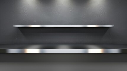 Wall Mural - Empty silver steel shelves against a dark gray wall with overhead lighting