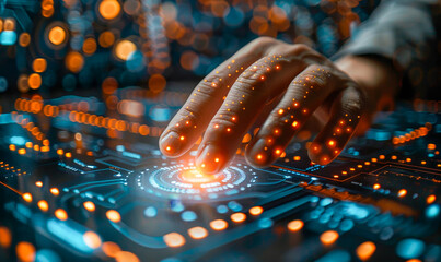 Poster - businessman interacting with modern cybersecurity interface in digital environment at night, highlig