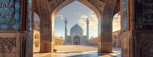 View of the Isfahan Iran mosque from the open ancient wooden doors in Bukhara, Uzbekistan. Sunny day. AI generated illustration