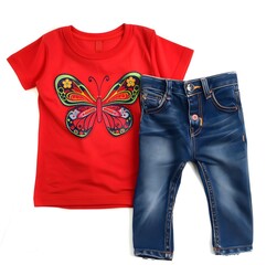 Red t shirt with butterfly design and jeans for kids set of two maximum copy space shopping and clothing concept