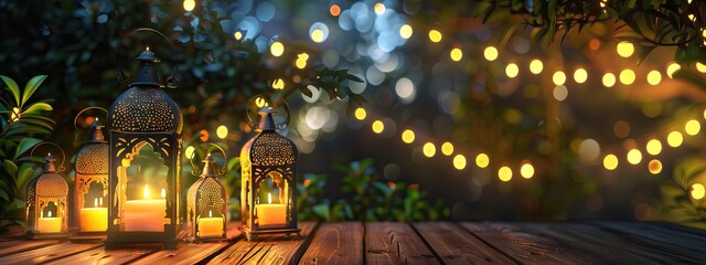 Wall Mural - Arabic lantern, burning candles, dates and misbaha on mirror surface against blurred lights. AI generated illustration