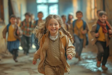 Sticker - Happy Girl Running Through School Hallway With Friends