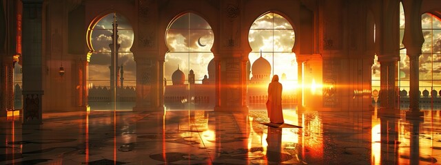 Religious muslim man praying inside the mosque. AI generated illustration