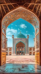 Wall Mural - View of the Isfahan Iran mosque from the open ancient wooden doors in Bukhara, Uzbekistan. Sunny day. AI generated illustration