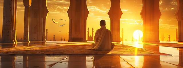 Wall Mural - Religious muslim man praying inside the mosque. AI generated illustration