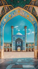 Wall Mural - View of the Isfahan Iran mosque from the open ancient wooden doors in Bukhara, Uzbekistan. Sunny day. AI generated illustration