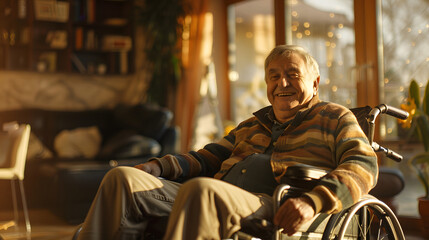 Happy disabled man in wheelchair smiling in the living room