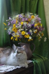 Wall Mural - Portrait of the cat and bouquet  wild flowers