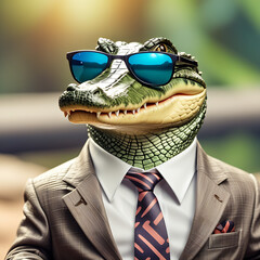 Wall Mural - Funny A Mr. cute Crocodile wearing sunglasses and dressed in shirt and tie, smiling, meme, humorous, on blur background,