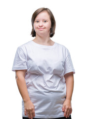 Sticker - Young adult woman with down syndrome over isolated background with serious expression on face. Simple and natural looking at the camera.