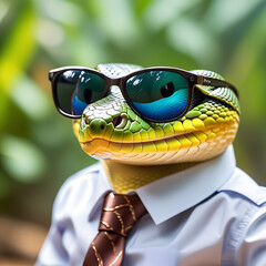 Wall Mural - Funny A Mr. Snake wearing sunglasses and dressed in shirt and tie, smiling, meme, humorous, on blur background,