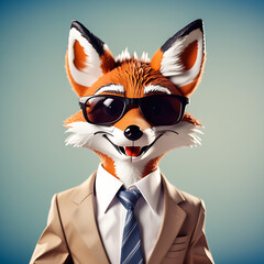 Wall Mural - Funny A Mr. Fox wearing sunglasses and dressed in shirt and tie, smiling, meme, humorous, on blur background, paper cut art.