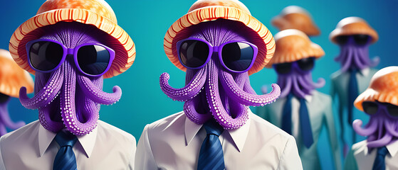 Wall Mural - Funny A Mr. Jellyfish wearing sunglasses and dressed in shirt and tie, smiling, meme, humorous, on blur background, paper cut art.