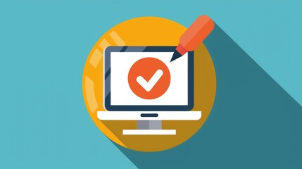Poster - Flat design illustration of a computer screen with a checkmark and pencil