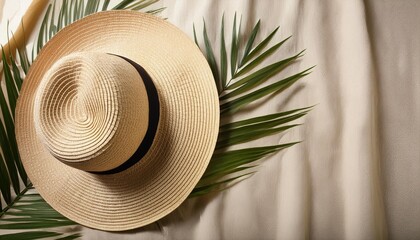 straw hat and palm leaf shadow on beige linen cloth material background
