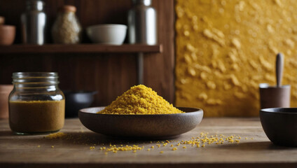 Mustard yellow textured wall, minimalist kitchen scene.