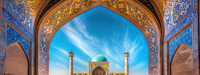 Wall Mural - View of the Isfahan Iran mosque from the open ancient wooden doors in Bukhara, Uzbekistan. Sunny day. AI generated illustration