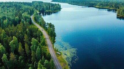 Aerial View of a Winding Road Through a Forest by a Lake