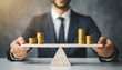 © Your Hand Please - businessperson stands blurred in the background while focusing on balancing stacked coins on a seesaw, symbolizing financial stability, balance, and economic decision-making in business