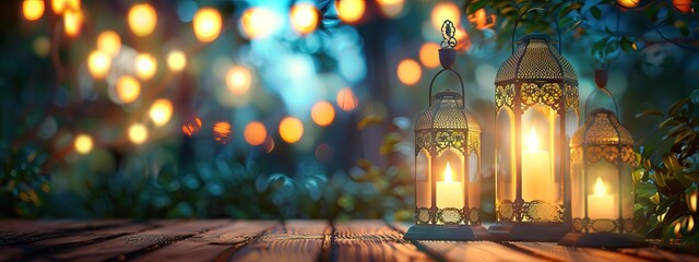 Wall Mural - Arabic lantern, burning candles, dates and misbaha on mirror surface against blurred lights. AI generated illustration