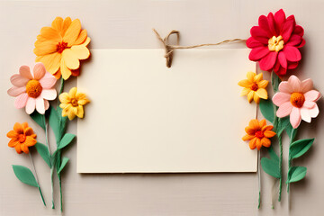 Canvas Print - A rustic canvas backdrop unfolds, adorned with vibrant handmade felt flowers bursting with color. A charming cardboard tag hangs nearby, offering a blank canvas for your message. 