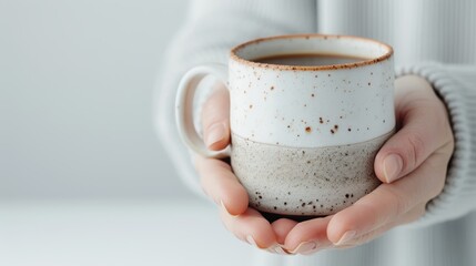 Poster - compact rustic coffee cup with craggy stratified texture in burnt orange and brown earthy silhouette female model's hands cradling the cup in minimalist pose clean white background studio lighting