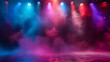 © MinimalZine - A vibrant nightclub stage with spotlights, fog effects, and a colorful lighting display creating an energetic and dynamic atmosphere.