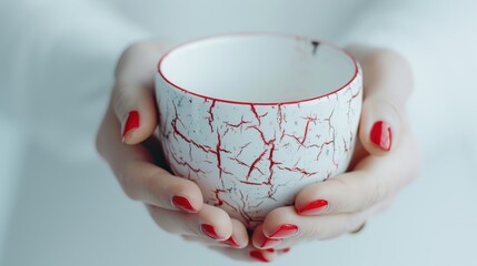 Poster - compact artistic coffee cup with craggy stratified texture in bright red and white creative silhouette female model's hands cradling the cup in minimalist pose clean white background studio lighting