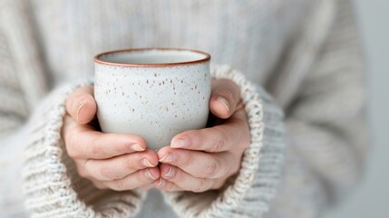 Poster - compact rustic coffee cup with craggy stratified texture in rustic red and beige earthy silhouette female model's hands cradling the cup in minimalist pose clean white background studio lighting