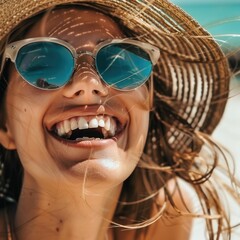 Poster - A happy woman in a sun hat and sunglasses is smiling on the beach, enjoying the sun and having fun while on a travel adventure AIG50