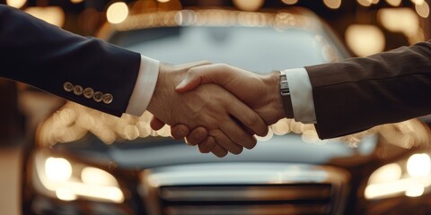 Two men shake hands with a car in the background. Car sale deal