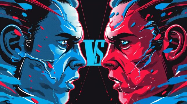 Vector design of a versus battle screen showing a team game fight in a dark red and blue graphic. This pop art style illustration is perfect for a challenge duel, sport contest, or a comparison poster