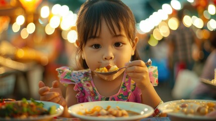 Sticker - A toddler is enjoying a meal from a bowl at the table. The snapshot captures the fun of eating together and sharing food with a baby AIG50