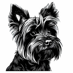 A black and white drawing of a yorkshire terrier dog